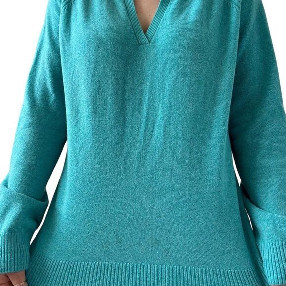 Lands Ends Womens Teal Blue 100% Cashmere Soft V Neck Collared Sweater Sz XL - Picture 8 of 8